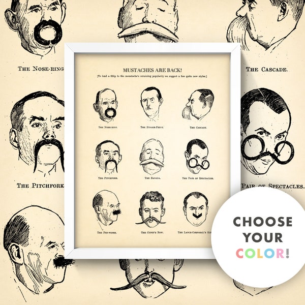 Mustache Print • Vintage Mustache Type Chart • 3 Sizes! • Choose Your Color • Antique Bathroom Art mens fashion Style Facial Hair Beards
