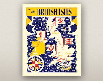 British Isles Print • Vintage Great Britain Art • 4 Sizes! • Vintage Travel Poster British UK Map Old England Ireland Isle of Man Hebrides