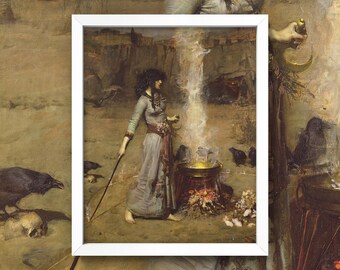 The Magical Circle • John Waterhouse Witch Oil Painting • Vintage Witch with Cauldron • Ceremonial Magic
