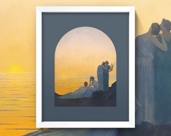 Impresión vintage de una mujer al atardecer • Arte mural con paisaje dorado con vista al océano • ¡4 tamaños! • Póster neoclásico de una mujer tocando el arpa