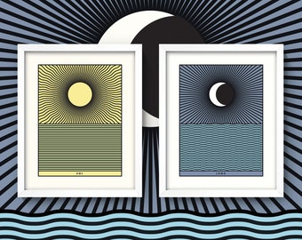 Sun and Moon Print Set • Sol and Luna Tarot Diptych • Set of 2 Prints or Posters • Astronomy Wall Art Poster Geometric Minimal Op Art