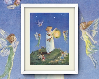 Lantern Fairy Print • Antique Night Sky Fairies Poster • 4 Sizes! • Vintage Fairy Nightlight Illustration • Child Bedroom Wall Art
