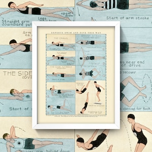 Antique Swimming Poster • Vintage Swim and Diving Chart • 3 Sizes! • How to Swim Print • Swimmer Dive Pool Diving Chart Diagram Chart