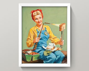 Retro Kitchen Art • Pin-Up Art • Vintage Kitchen Pin-Up Print • Choose from 4 sizes! • Grilled Cheese Sandwich • Toast • Rosie the Riveter