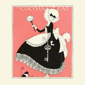 Może przedstawiać: Czarno-biała ilustracja kota ubranego w str&oacute;j pokoj&oacute;wki. Kot trzyma pi&oacute;ropusz do kurzu i klucz. Kot stoi na r&oacute;żowym tle z tekstem "THE COCOANUT CAT" u g&oacute;ry.