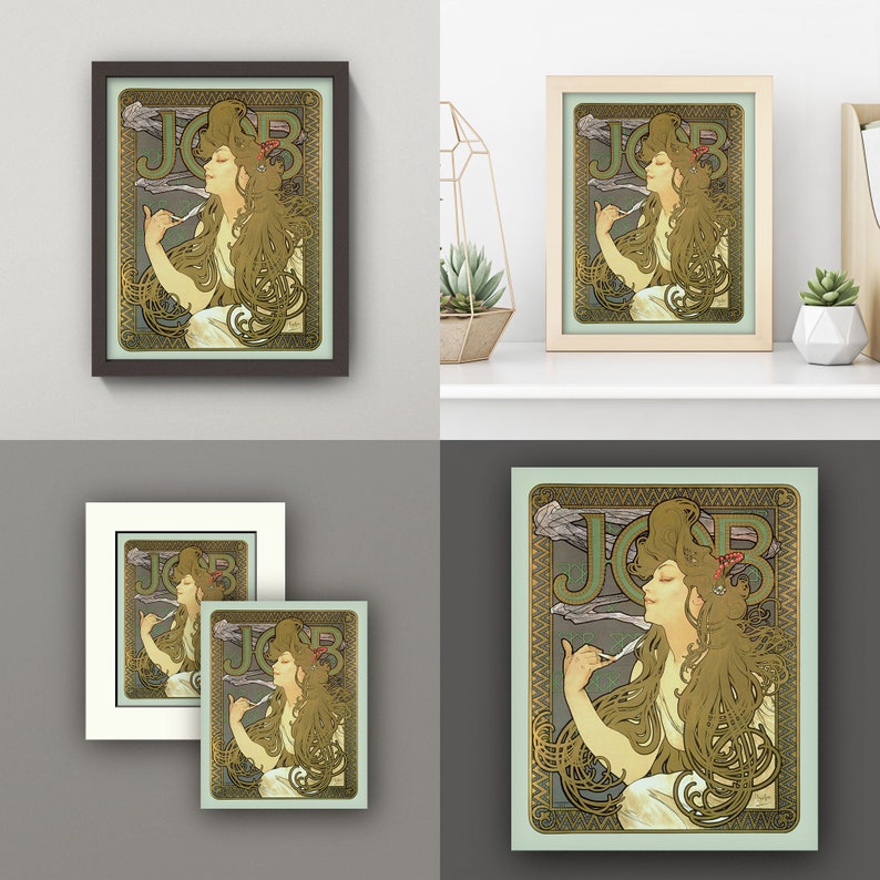 Puede incluir: Una impresi&oacute;n enmarcada de un cartel vintage de estilo art nouveau con una mujer de cabello largo y fluido, vestida con un vestido blanco y sosteniendo un cigarrillo. El cartel est&aacute; en tonos dorados, verdes y marrones, con la palabra "JOB" en letras grandes en la parte superior.