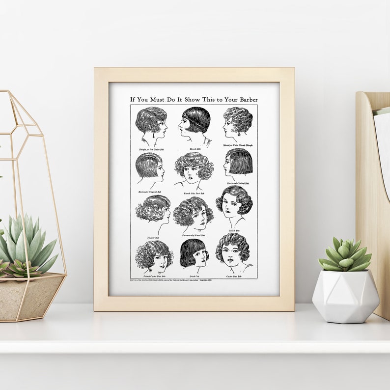 \u2022 Choose Your Color \u2022 Vanity Beauty Retro Fashion Short Hair Bob Humorous Funny Flapper Hairstyle Chart \u2022 Vintage Bathroom Art \u2022 3 Sizes
