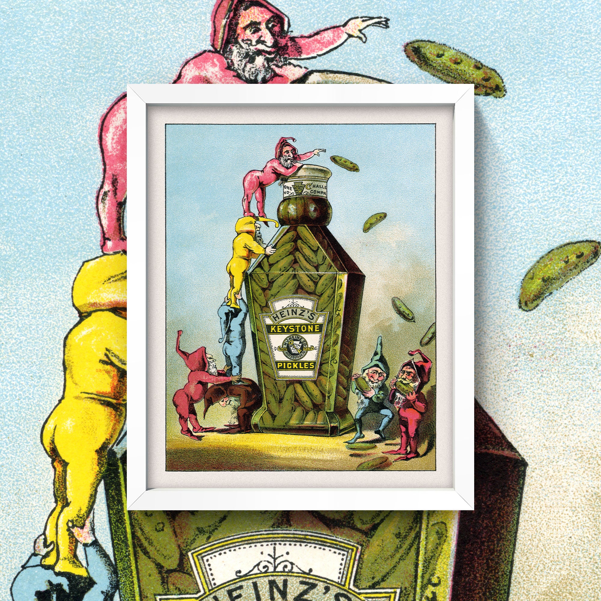 Vintage Heinz Pickle Ad Print Mischievous Gnome Poster
