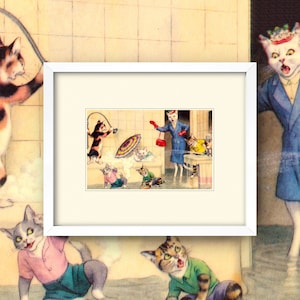 Vintage Bathroom Print• Antique Cat Wall Art • 2 Sizes! • Funny Silly Whimsical Humorous Retro Chaos Family Bathtub Cat Pets Children