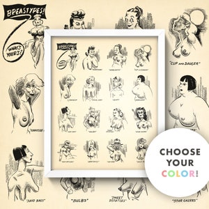 Boobs Breast Types Chart • Fun Vintage Bathroom Print • 4 Sizes! • Risque Naughty Sexy • Silly 1940s Stag Humor • Pastel Bathroom Art