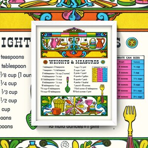 May include: A framed vintage-style kitchen art print with a white border. The print features a colorful illustration of kitchen tools and a chart of weights and measures. The color palette includes green, yellow, pink, and blue.