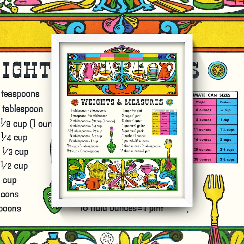May include: A framed vintage-style kitchen art print with a white border. The print features a colorful illustration of kitchen tools and a chart of weights and measures. The color palette includes green, yellow, pink, and blue.