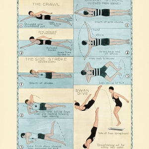 Antique Swimming Poster Vintage Swim and Diving Chart 3 Sizes How to Swim Print Swimmer Dive Pool Diving Chart Diagram Chart image 2