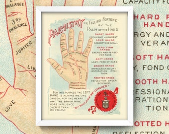 Palmistry Print • Vintage Palmistry Fortune Telling Wall Art • 4 Sizes! •  Antique Victorian Palm Reading Chart Diagram Occult Chirology