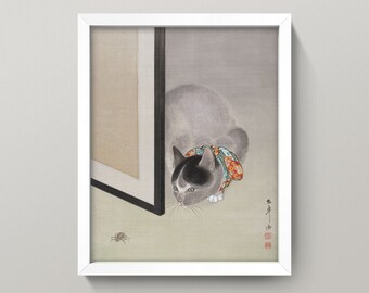 Vintage Asian Cat Print • Cat and Spider Illustration • Gift For Cat Lover • 4 Sizes! • Cat Hunting Insect Poster