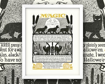 Magic Black Cats Print • 8x10 Wall Art • High Quality Giclee Print • Art Deco / Occult / Cattails / Limerick / Halloween