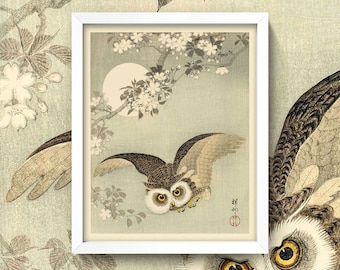 Asian Moonlight Owl print • Vintage Night Sky Poster • 4 Sizes! • Japanese Bird Flying Through Flowers Wall Art •