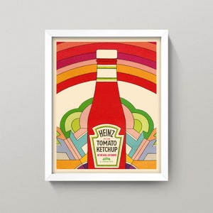 May include: A retro-style illustration of a Heinz Tomato Ketchup bottle with a rainbow background. The bottle is red with white lettering and a green label. The text on the label reads "Heinz Tomato Ketchup" and "New! Made with Naturals".