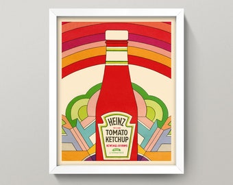 Ketchup Pop Art Print • 4 Sizes! • Vintage Kitchen Wall Art • Retro Kitchen Poster Colorful Psychedelic Condiment Tomato