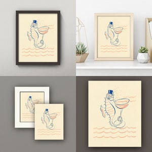 May include: A whimsical illustration of a seahorse wearing a top hat and holding a glass of champagne. The seahorse is surrounded by pink waves on a cream background.