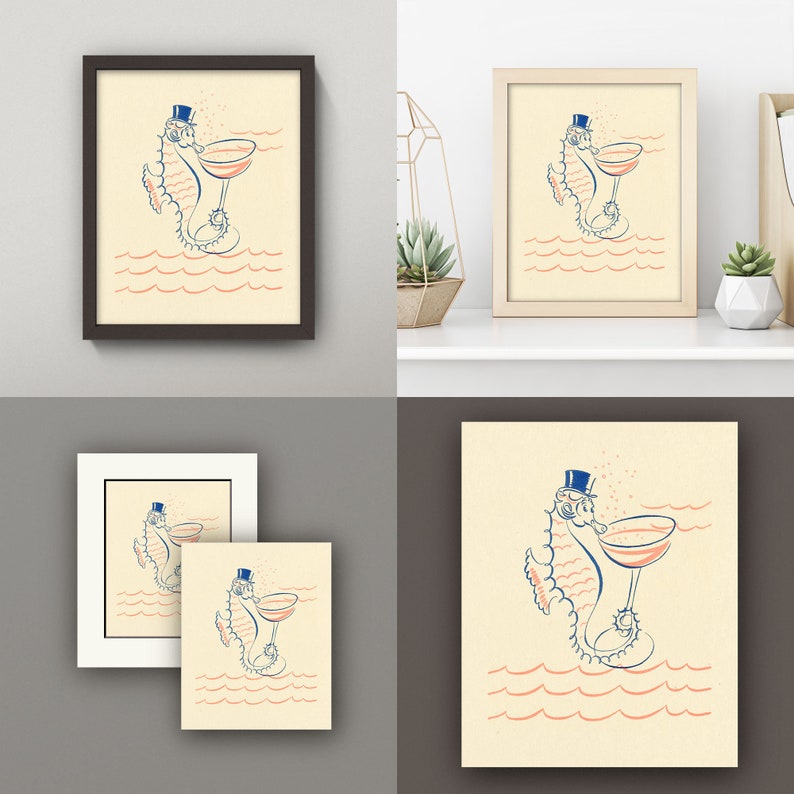 May include: A whimsical illustration of a seahorse wearing a top hat and holding a glass of champagne. The seahorse is surrounded by pink waves on a cream background.