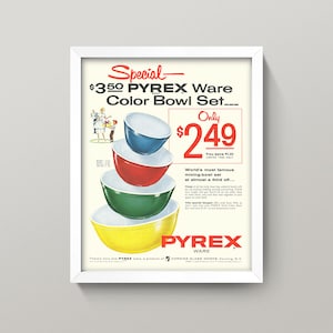 Vintage Cookware Ad • Retro Kitchen Wall Art • 1950s Kitchen Ad • Choose from 4 Sizes! • Classic Color Mixing Bowls Wall Art • Mid Century