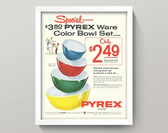 Vintage Cookware Ad • Retro Kitchen Wall Art • 1950s Kitchen Ad • Choose from 4 Sizes! • Classic Color Mixing Bowls Wall Art • Mid Century