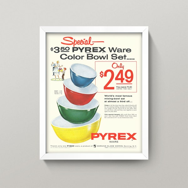 Vintage Cookware Ad • Retro Kitchen Wall Art • 1950s Kitchen Ad • Choose from 4 Sizes! • Classic Color Mixing Bowls Wall Art • Mid Century