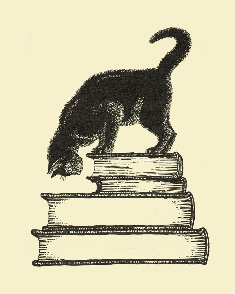 May include: Black cat illustration standing atop a stack of four books. The cat is facing downward, with its head close to the top book. The image is a black and white drawing on a cream-colored background.