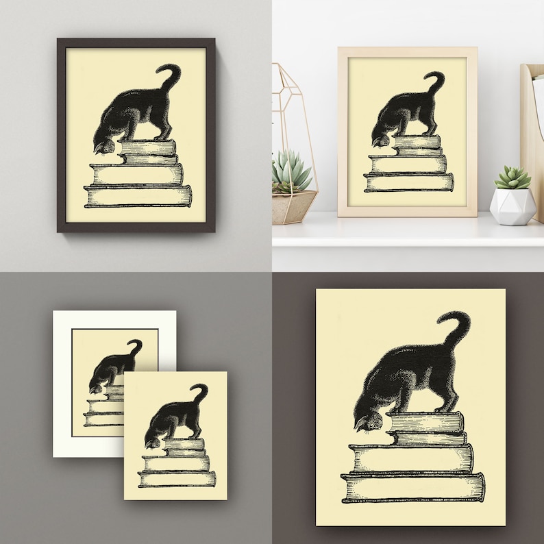 May include: Black cat art print. The artwork depicts a black cat standing atop a stack of books. The cat is in a curious pose, with its head lowered. The print has a vintage aesthetic, with a cream-colored background and a dark brown frame.