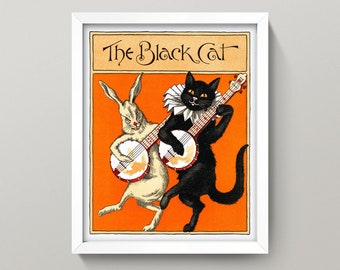 Arte mural de gato negro - Partituras vintage • ¡Dos tamaños! 8x10 y 11x14 • Impresión giclée de alta calidad • Mascotas / Gatitos / Conejo / Música / Banjo