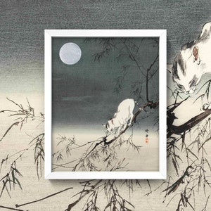 Vintage Asian Cat Print • White Cat on Branch Illustration • Gift For Cat Lover • 4 Sizes! • Cat Moon Poster