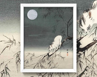 Vintage Asian Cat Print • White Cat on Branch Illustration • Gift For Cat Lover • 4 Sizes! • Cat Moon Poster