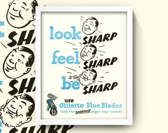 Mens Bathroom Print • Retro Men’s Razor Shave Ad Print • 4 Sizes! Classic 1940s / 1950s Art Deco Meets Fun Kitschy Graphics