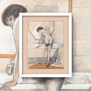 In the Bath Nude Print • Vintage 1920s Nude Pose Poster • 5 Sizes! • Antique Soft Charcoal Portrait Woman Getting in the Bathtub