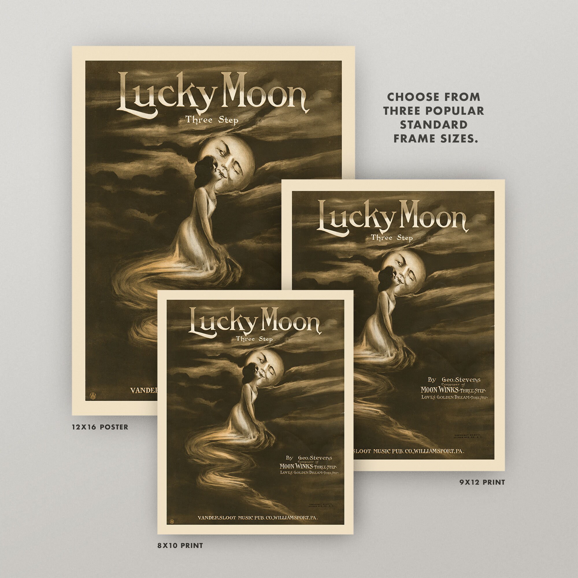 Moon Print • Vintage Lucky Moon Sheet Music Wall Art • 4 Moon Print • Vintage Lucky Moon Sheet Music Wall Art • 4