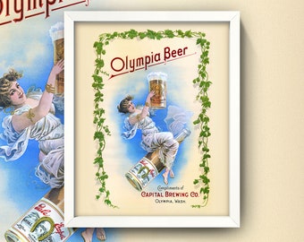 Antique Olympia Beer Poster Print • Vintage Beer Wall Art • 4 Sizes! 8X10 9X12 12X16 • Northwest Art Nouveau Olympia WA