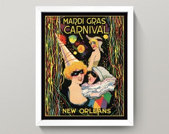 Mardi Gras Vintage Art Print - Poster Wall Mardi Gras Gras New Orleans 4 Vintage Etsy Sizes Orleans New Mardi Print