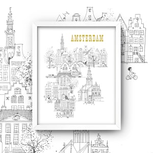 Amsterdam Print • Retro Amsterdam Travel Poster • 4 Sizes! • Vintage Amsterdam Wall Art • 1960’s Black & White Holland netherlands