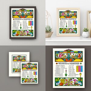May include: A framed print titled "WEIGHTS & MEASURES" with a colorful, vintage design. The print features a list of measurements and decorative illustrations of kitchen tools and containers in a variety of sizes and colors. The print is available in multiple sizes and frames.