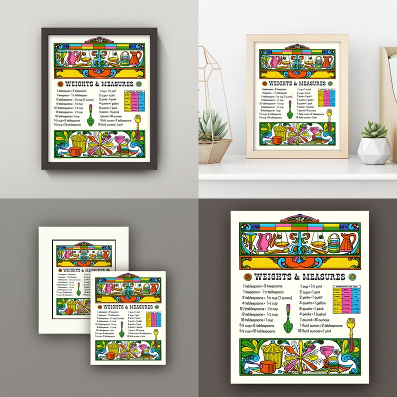 May include: A framed print titled "WEIGHTS & MEASURES" with a colorful, vintage design. The print features a list of measurements and decorative illustrations of kitchen tools and containers in a variety of sizes and colors. The print is available in multiple sizes and frames.