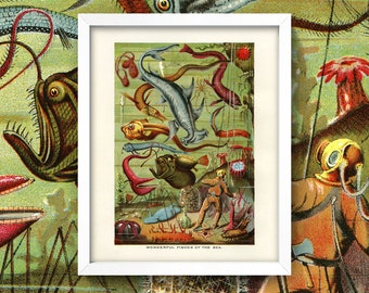 Scuba Diver Print • Antique Fish Wall Art • 5 Sizes! • Vintage Aquatic Life Illustration • Deep Sea Diving Art w/ Victorian Steampunk Vibe