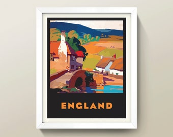 England Print • Vintage England Poster • England Wall Art • English Travel Poster • 3 Sizes 8X10 9X12 12X16 • Great Britain • UK