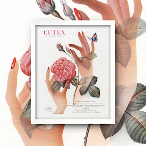 May include: A vintage advertisement for Cutex nail polish featuring a hand holding a pink rose with a butterfly. The text reads "CUTEX, Vernis à Ongles Américain, Toutes les Teintes de la Rose".