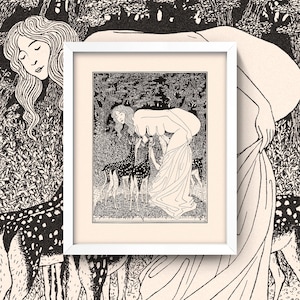 Woman Breastfeeding Fawn • Vintage Art Nouveau Deer Print • Antique Illustration Aubrey Beardsley Style • Mother Nature • Fawn • Breasts