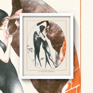 May include: A vintage illustration of a winged woman in a black and white outfit, leaning against a brick wall. The woman is looking at a bird in flight. The illustration is framed in a white frame and has the text "LA CRISE DES LOGEMENTS" at the bottom.