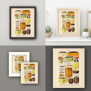 May include: Vintage illustration of different types of cheese. The image features a variety of cheeses, including cheddar, brie, and Swiss. The cheeses are arranged in a grid pattern and are labeled with their names. The image is in a vintage style and has a warm, inviting feel.