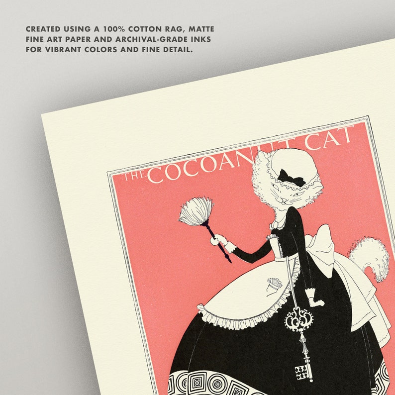 Może przedstawiać: Czarno-biała ilustracja kota ubranego w str&oacute;j pokoj&oacute;wki. Kot trzyma w łapkach pi&oacute;ropusz do kurzu i klucz. Tekst "THE COCOANT CAT" znajduje się w lewym g&oacute;rnym rogu obrazu.