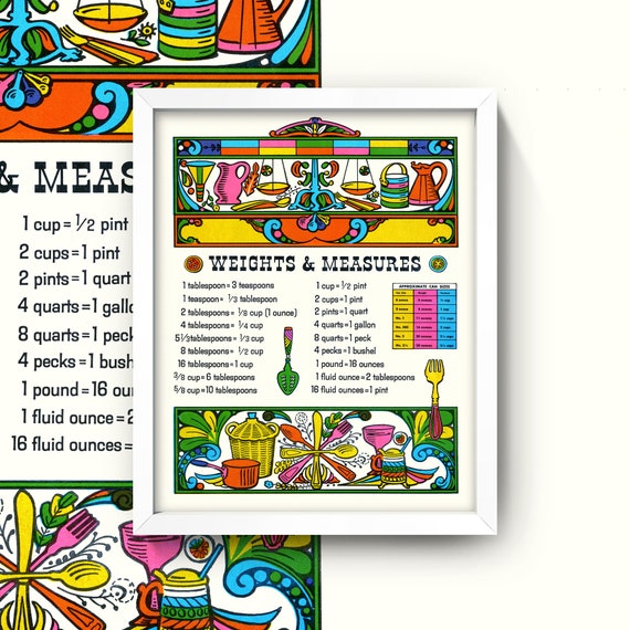 Weights and Measures Chart • Groovy Mod Kitchen Art • 4 Sizes! • Colorful Retro Cooking Chart • 1960s Psychedelic Kitchen • Baking