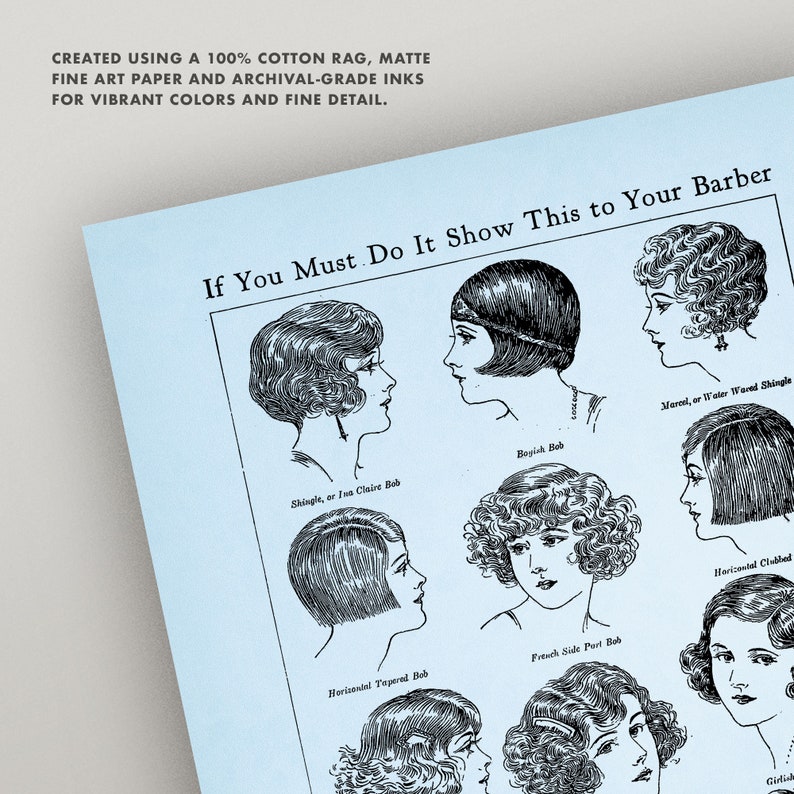 \u2022 Choose Your Color \u2022 Vanity Beauty Retro Fashion Short Hair Bob Humorous Funny Flapper Hairstyle Chart \u2022 Vintage Bathroom Art \u2022 3 Sizes